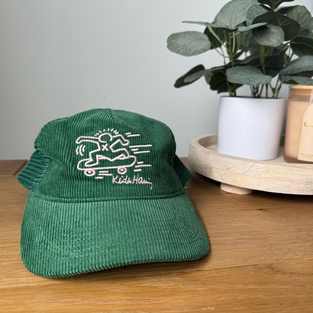 Green Corduroy Cap with Embroidered Design